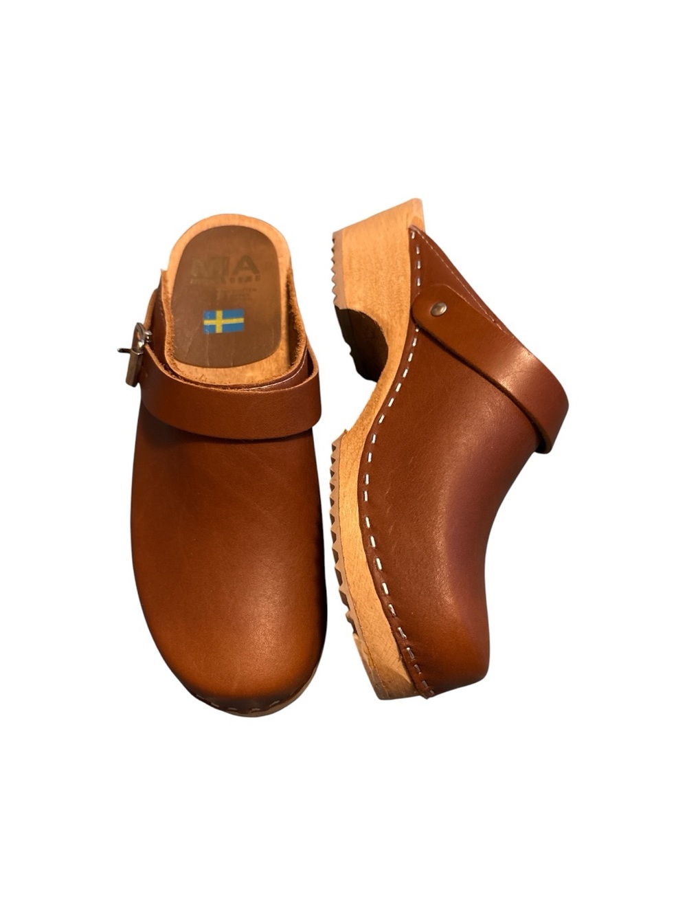 MIA Sweden Leather Wooden Clogs Size U.S. 7.5 Cognac Brown Adjustable Strap Boho